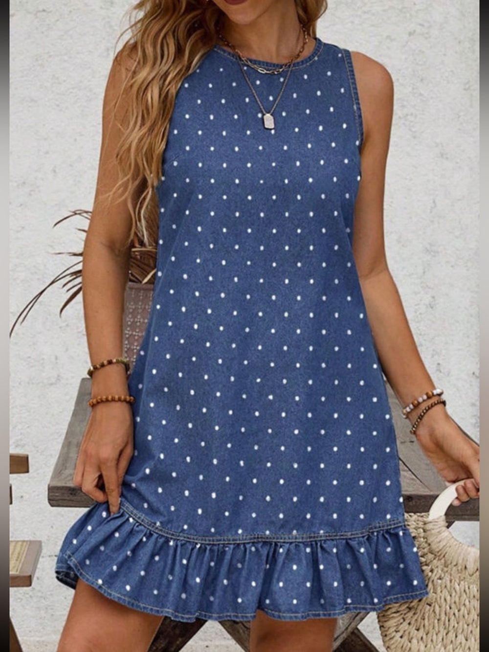 1231. Blue polka dot ruffles hem sleeveless denim dress